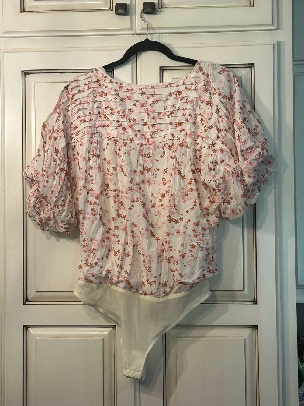 Free People White Bodysuit with Pink and Brown Floral Print